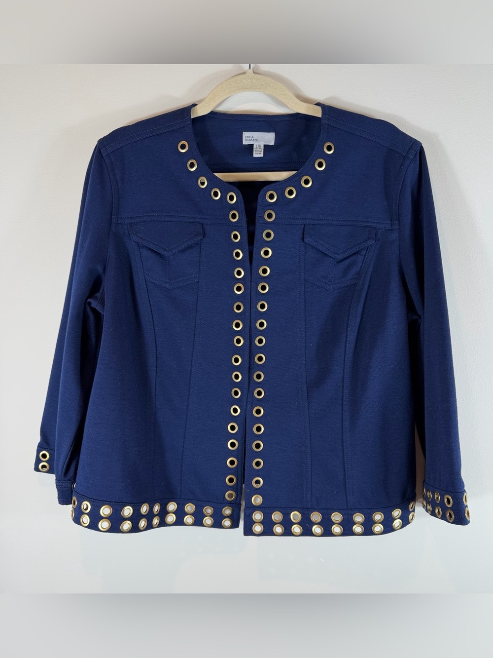 Linea Domani Women’s Cropped Navy Grommets Trim Jacket Size Large